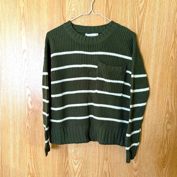Cable Knit Green/ White Crewneck Stripes Oversized Cropped Sweater - Picture 1 of 5